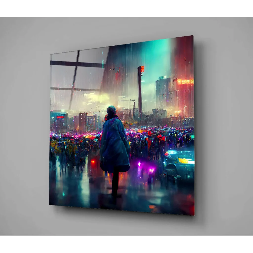 Neon Cityscape Glass Wall Art Print with Glowing Lights | Glass Wall Art Print | vintageantiquesgifts.com
