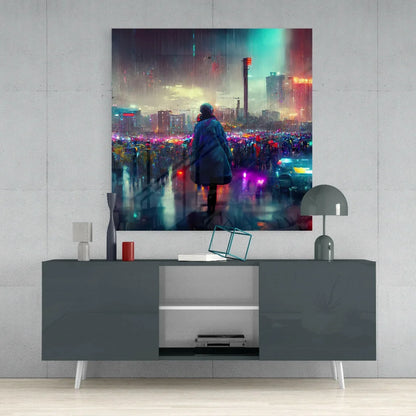Neon Cityscape Glass Wall Art Print with Glowing Lights | Contemporary Home Wall Art | vintageantiquesgifts.com
