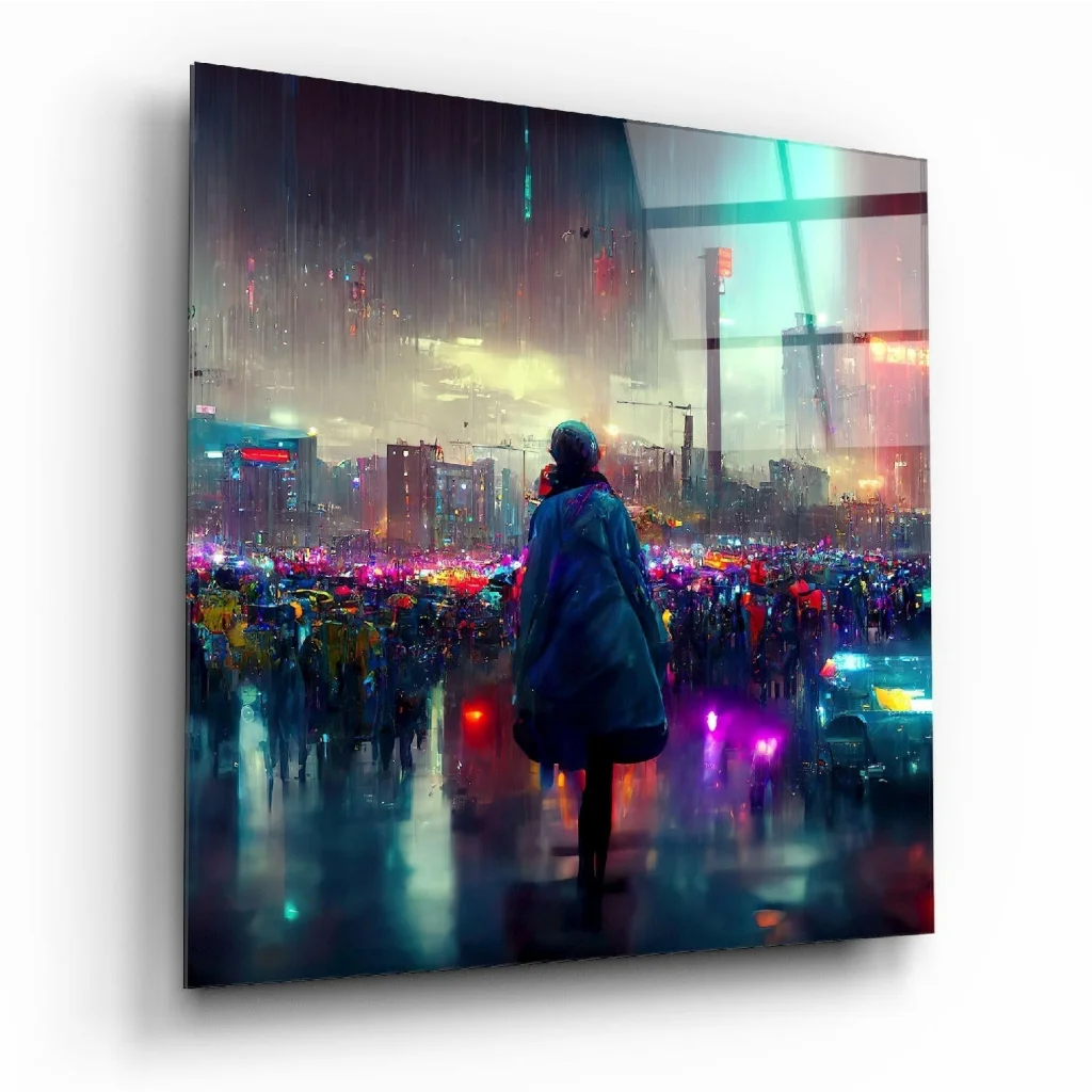 Neon Cityscape Glass Wall Art Print with Glowing Lights | Insigneart USA | vintageantiquesgifts.com