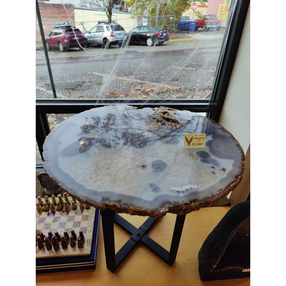 XL Agate Quartz Slab table with polished top and gray-blue swirls