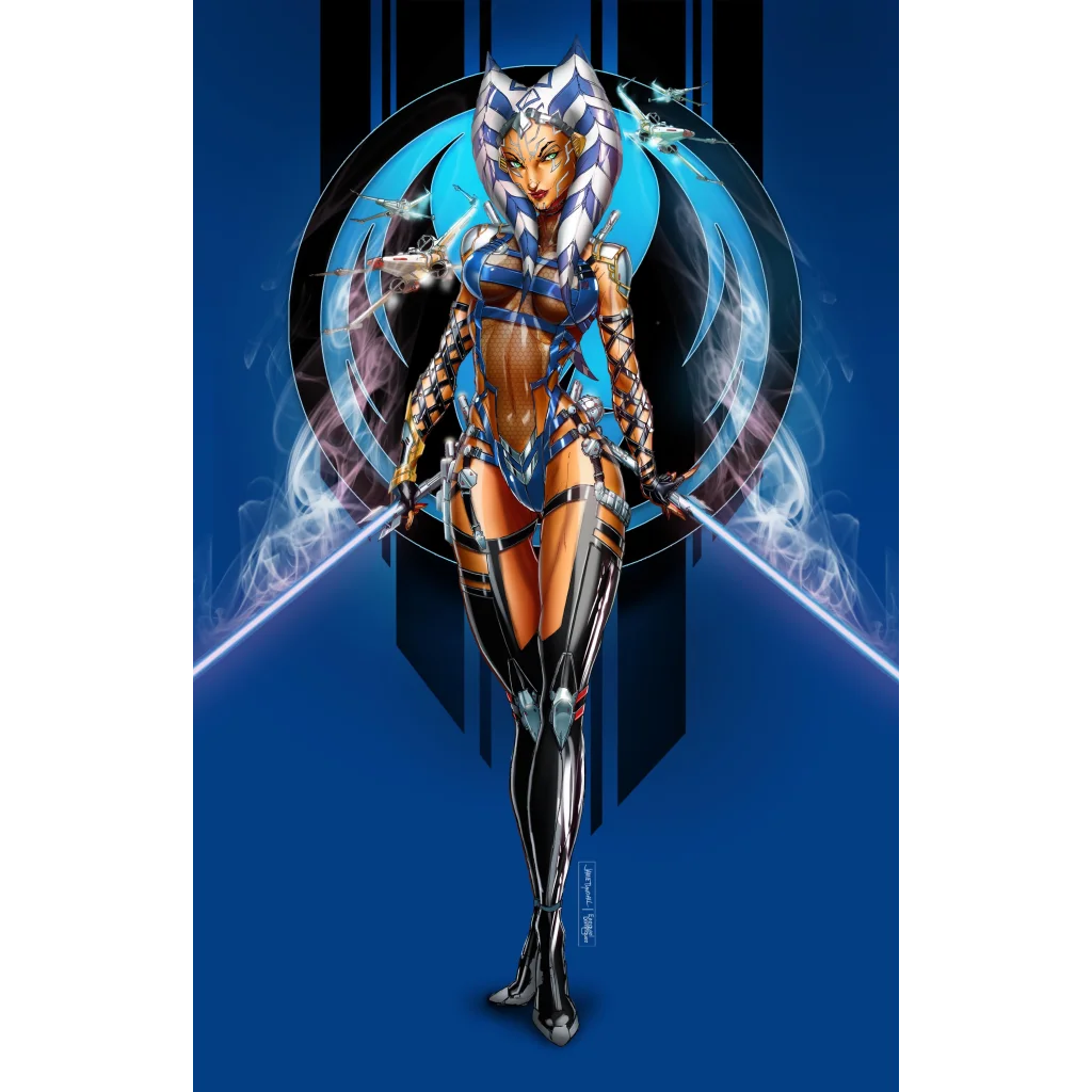 Stylized Ahsoka Tano in blue silver armor with lightsabers on brushed aluminum print