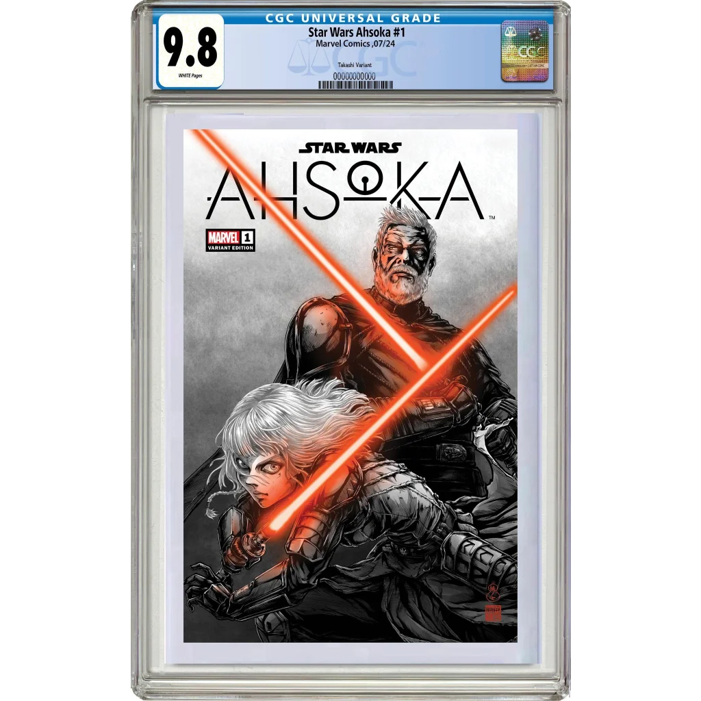9.8 graded limited edition Ahsoka Tano Star Wars #1 Marvel comic with red lightsaber B&W cover