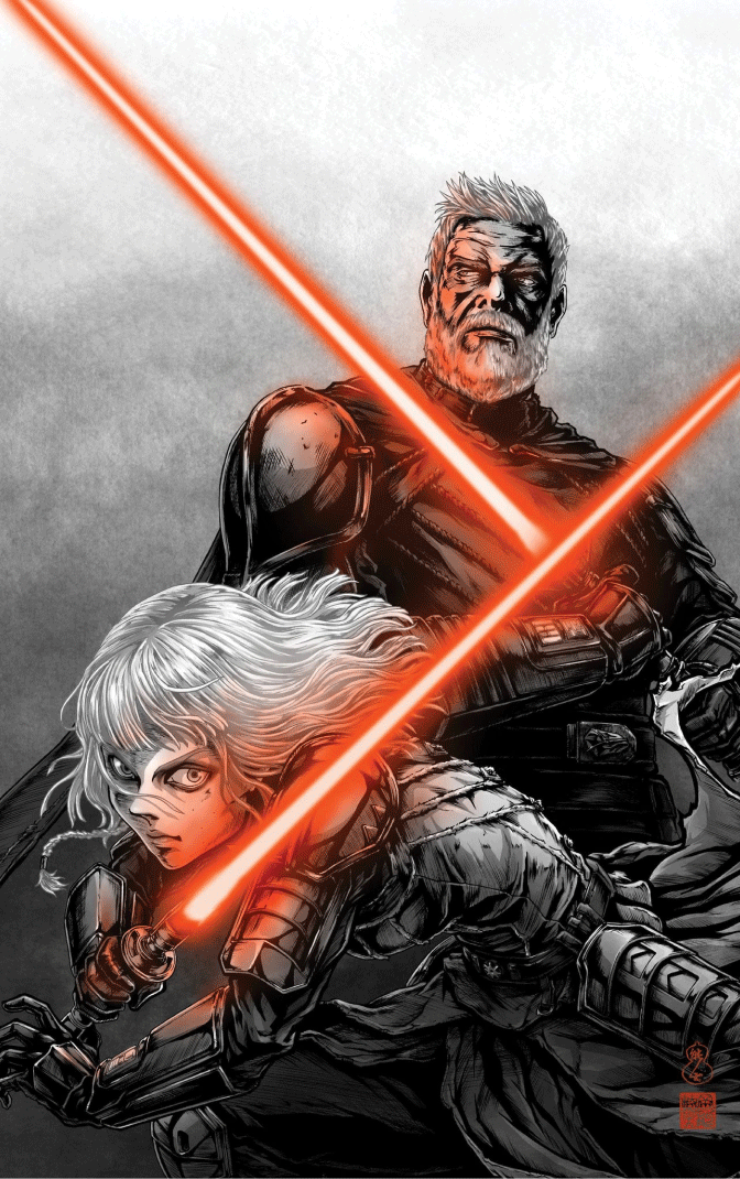 Red lightsaber with black hilt and silver accents from Ahsoka Tano limited edition comic cover