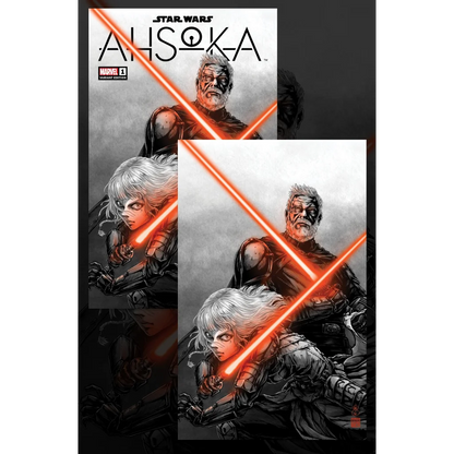 Ahsoka Tano limited edition comic book cover with red lightsaber and black white characters