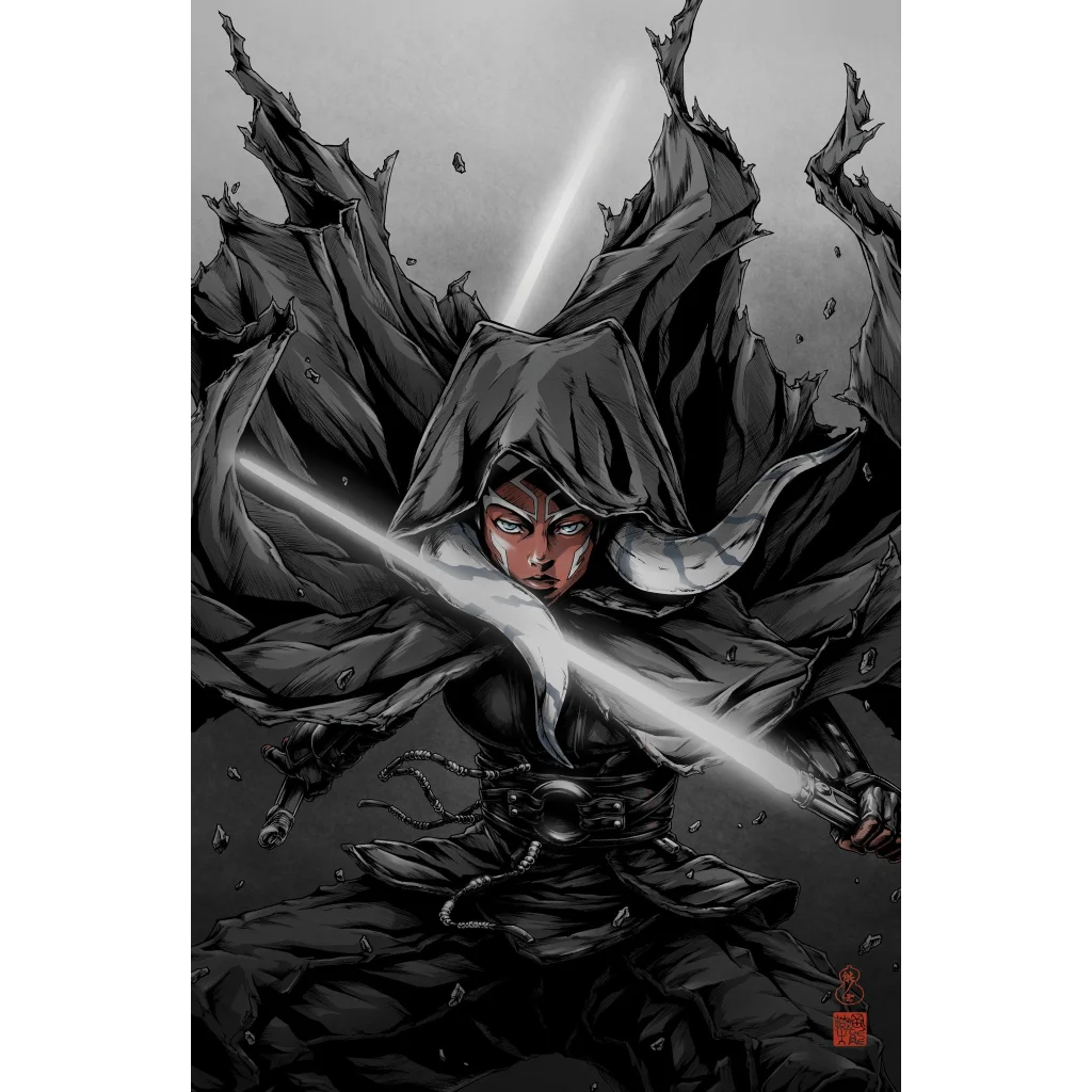 Black and white ninja with glowing sword on Ahsoka Tano limited edition comic book cover