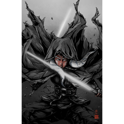 Black and white ninja with glowing sword on Ahsoka Tano limited edition comic book cover