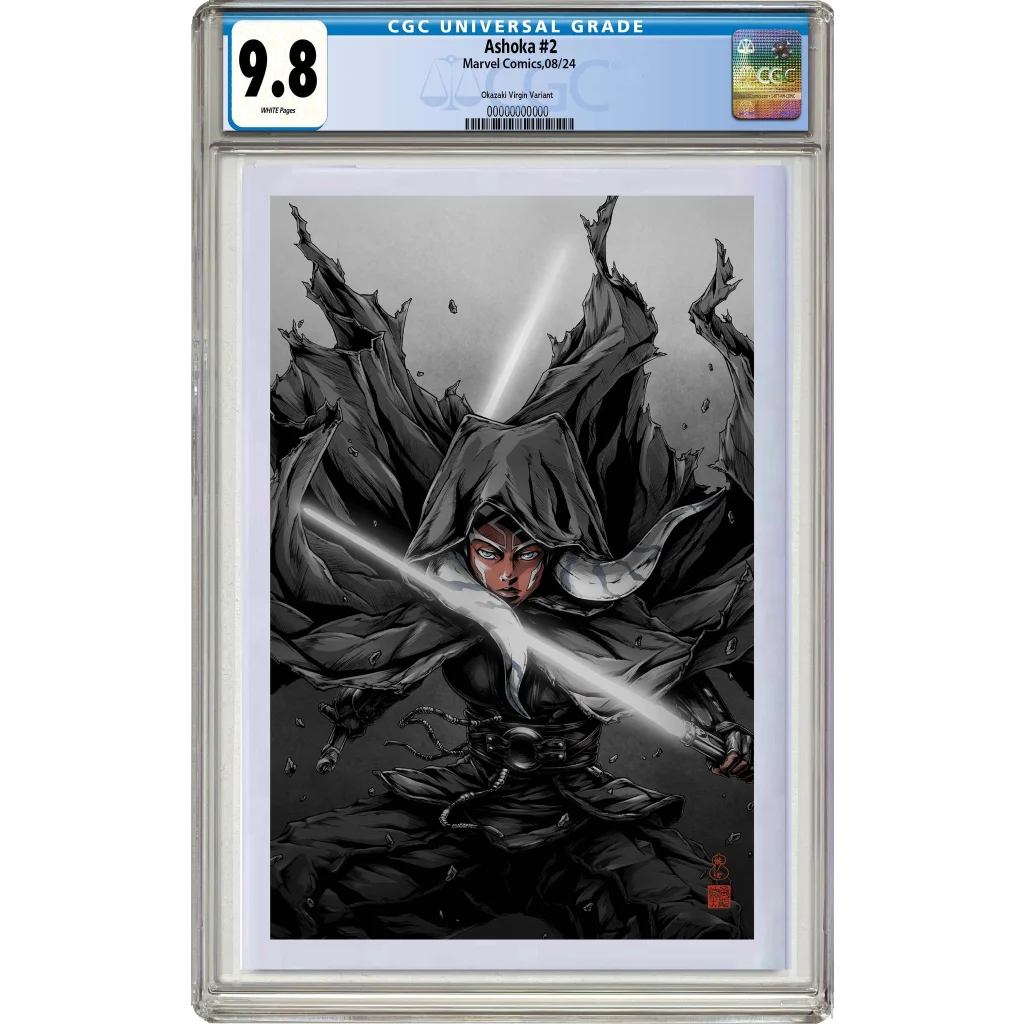 9.8 graded Ahsoka Tano limited edition comic book cover with winged warrior wielding glowing sword