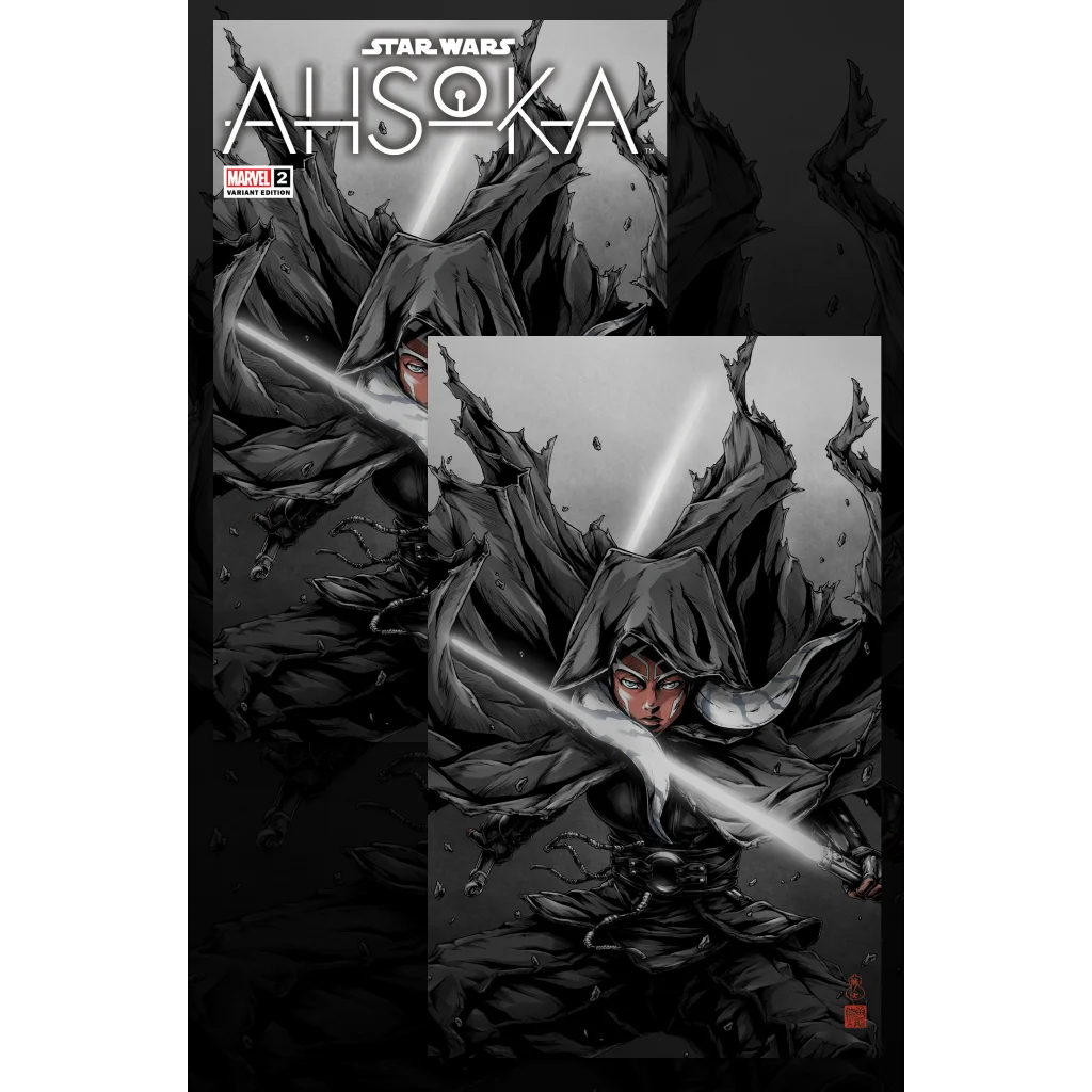 Black and white Ahsoka Tano limited edition comic book cover with hooded figure and glowing lightsaber