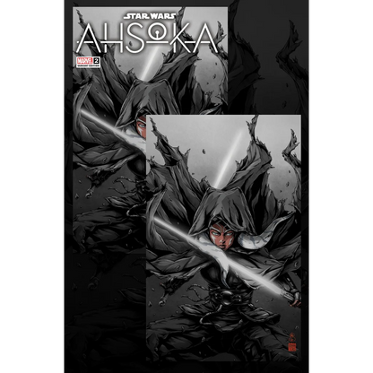 Black and white Ahsoka Tano limited edition comic book cover with hooded figure and glowing lightsaber