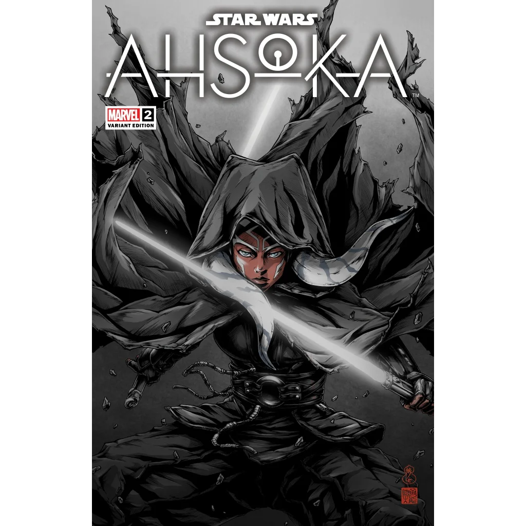 Dynamic black and white Ahsoka Tano limited edition comic book cover in action pose, issue 2 of 8