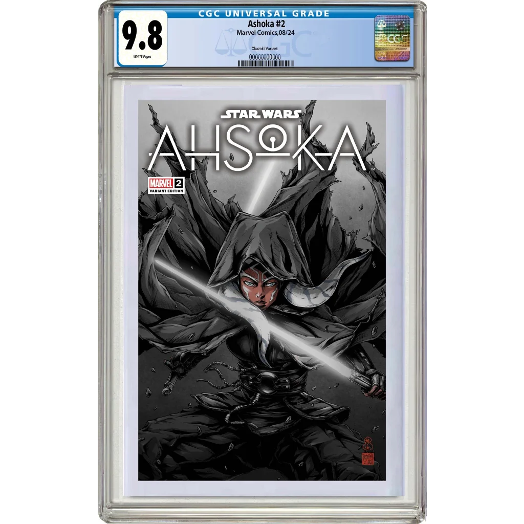 9.8 graded Ahsoka Tano limited edition comic book cover in black and white action pose