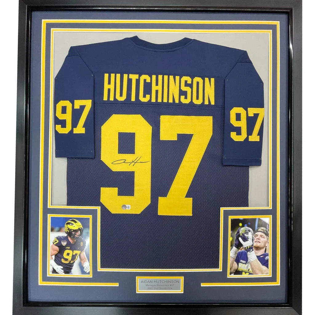 Framed Aidan Hutchinson signed Michigan Wolverines navy jersey 97