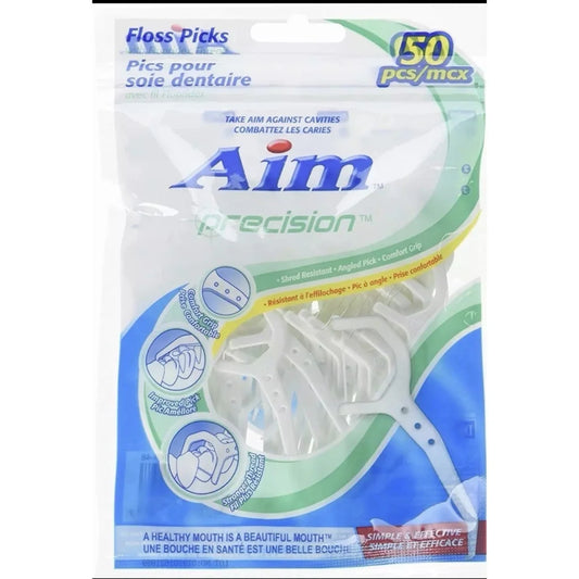Aim Precision Floss Picks 50 count with Fluoridex Thread Comfort grip 3 pack