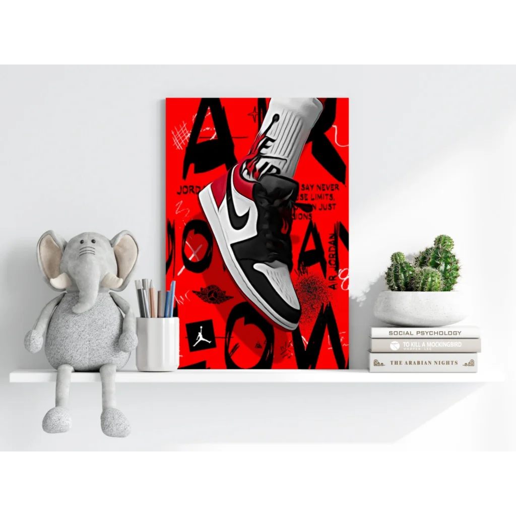 Vibrant red insigne aluminum prints of black and white Air Jordan 1 sneaker art