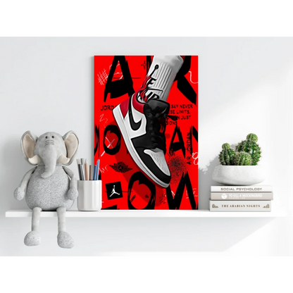 Vibrant red insigne aluminum prints of black and white Air Jordan 1 sneaker art