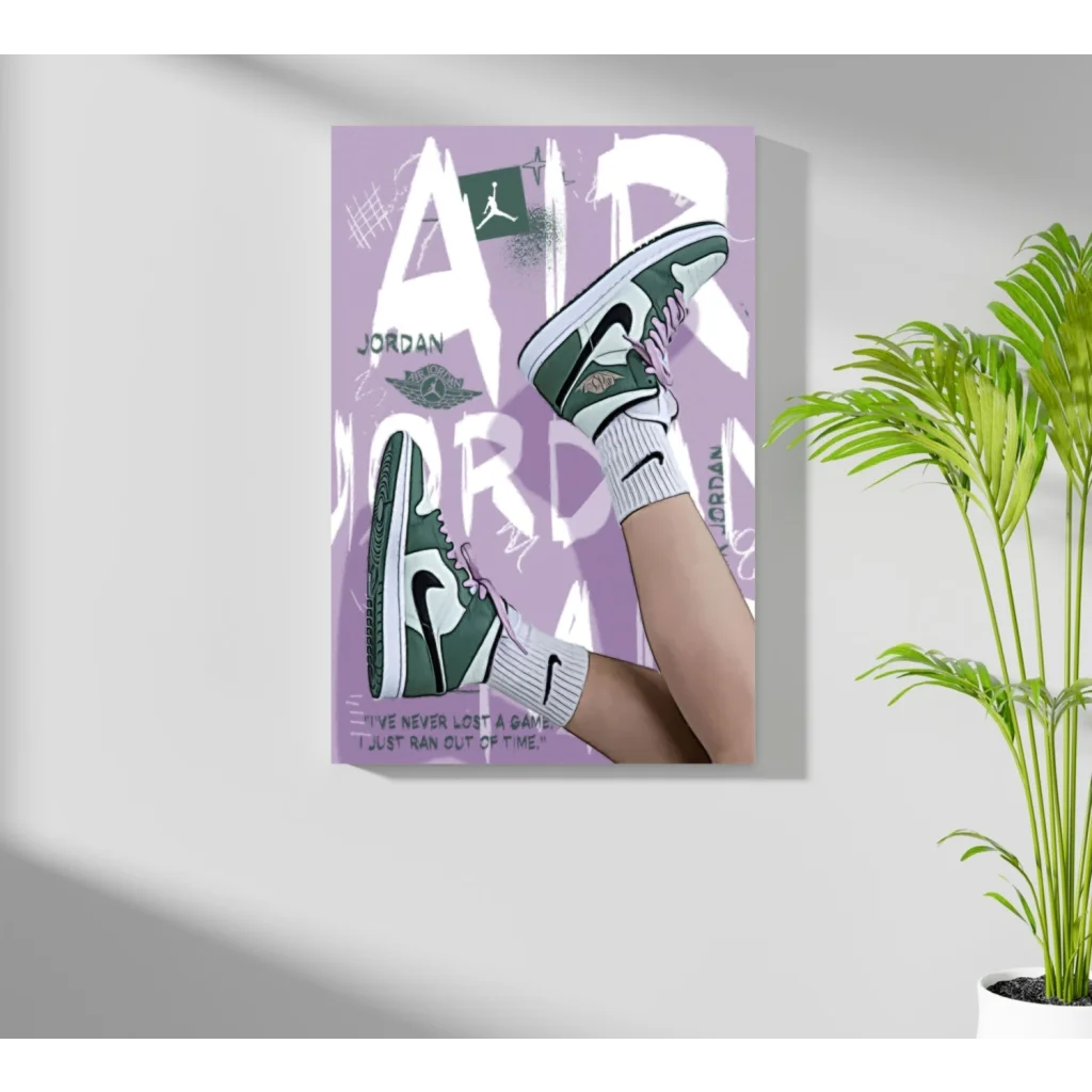 Stylized Green Jordan Sneakers on Purple Insigne Aluminum Print