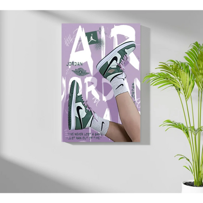 Stylized Green Jordan Sneakers on Purple Insigne Aluminum Print