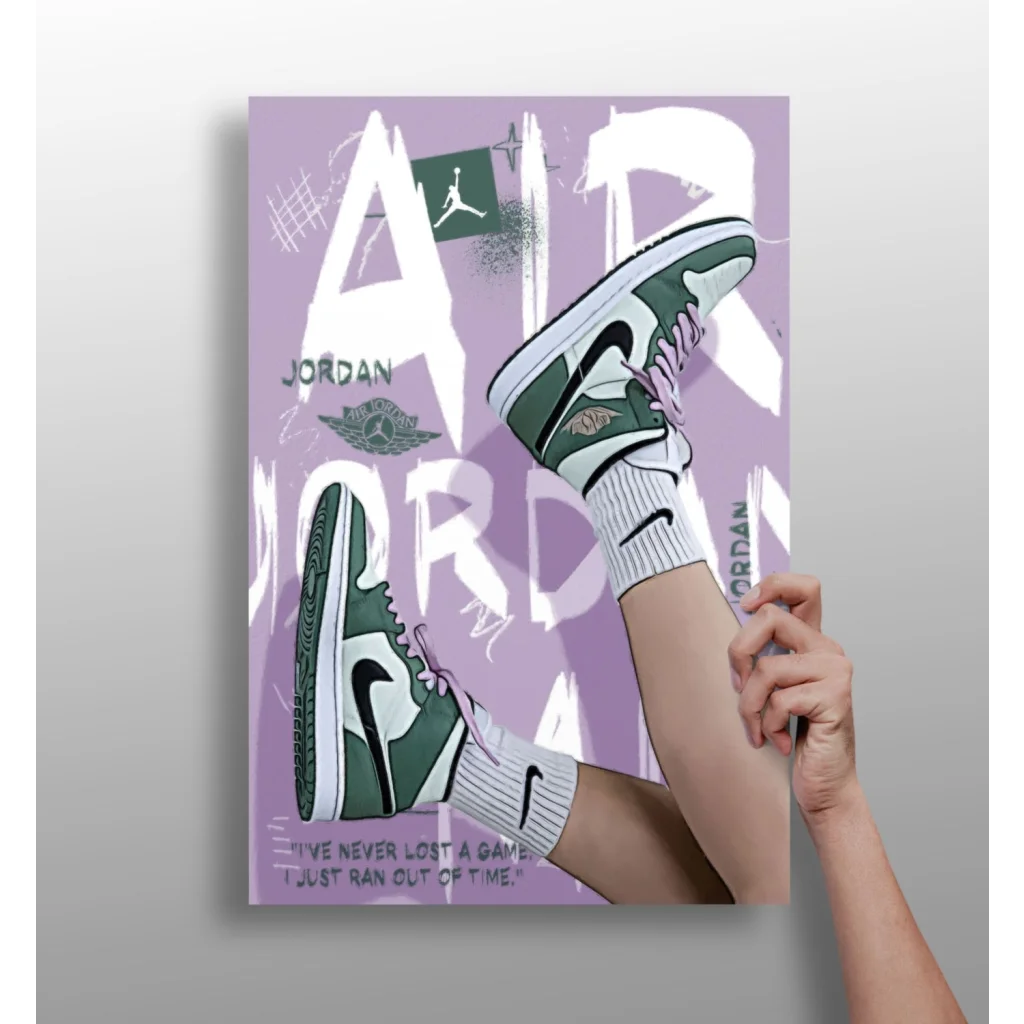 Green Jordan Sneakers Insigne Aluminum Print Purple Poster | Insigneart USA | vintageantiquesgifts.com