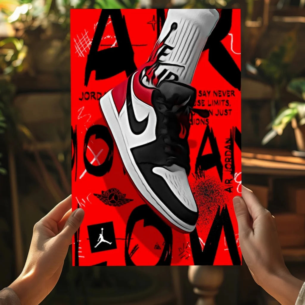 Red black white Air Jordan 1 sneaker art on insigne aluminum prints