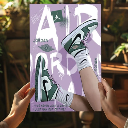 Stylized green and white Air Jordan sneakers on purple insigne aluminum print
