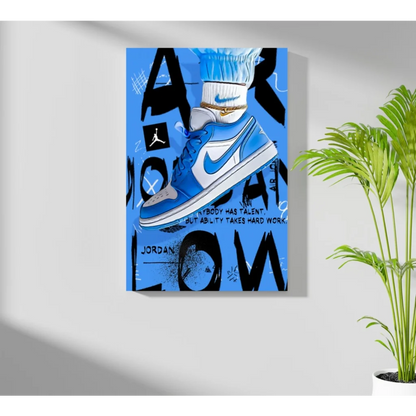 Blue and white Nike Air Jordan 1 low sneaker on insigne aluminum print