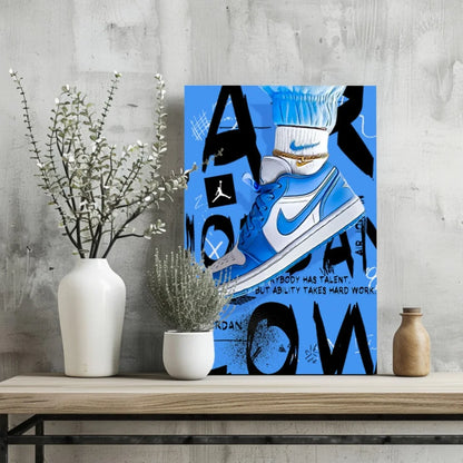 Blue and white Nike Air Jordan 1 insigne aluminum print sneaker wall art