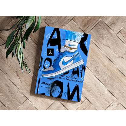 Blue and white Air Jordan 1 sneaker art on insigne aluminum print
