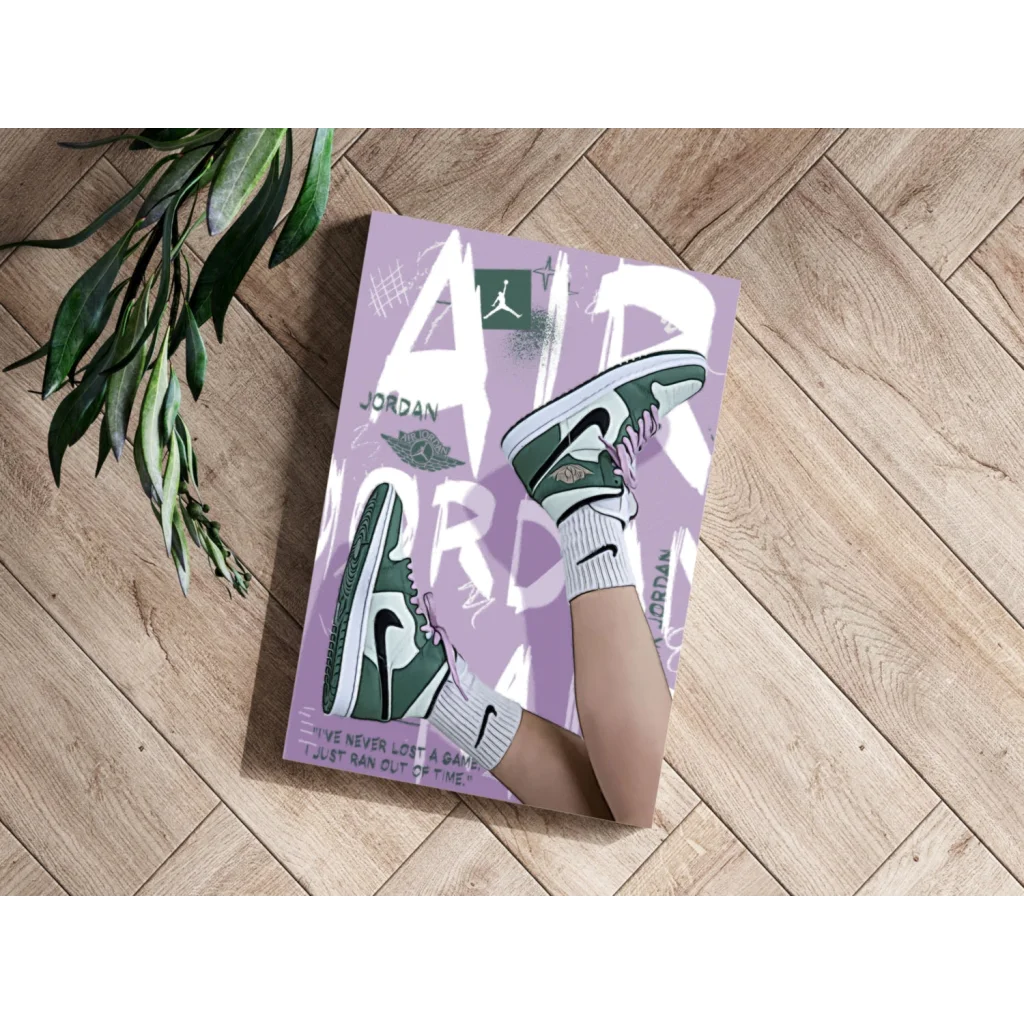 Green Jordan Sneakers Insigne Aluminum Print Purple Poster | Modern Wall Art Decor | vintageantiquesgifts.com