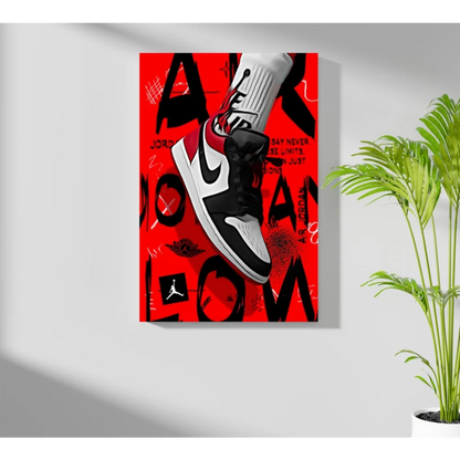 Vibrant red Air Jordan 1 insigne aluminum print with black white sneaker art