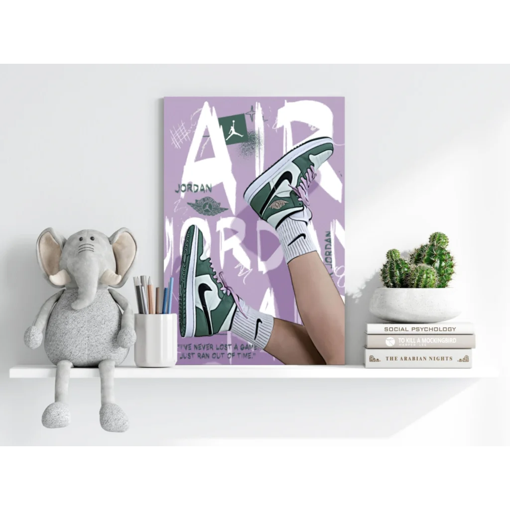 Green and white Air Jordan sneakers on purple insigne aluminum print