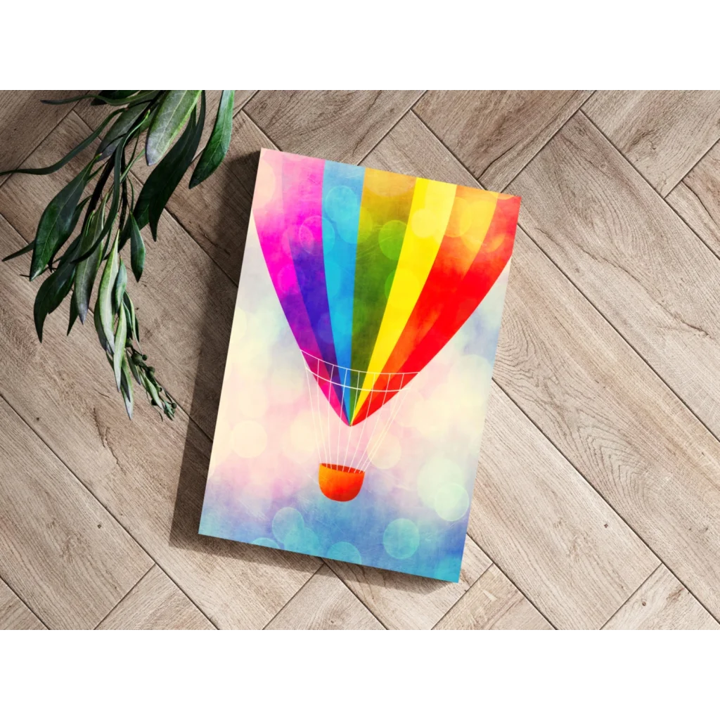 Vibrant rainbow hot air balloon on insigne aluminum print with bokeh backdrop