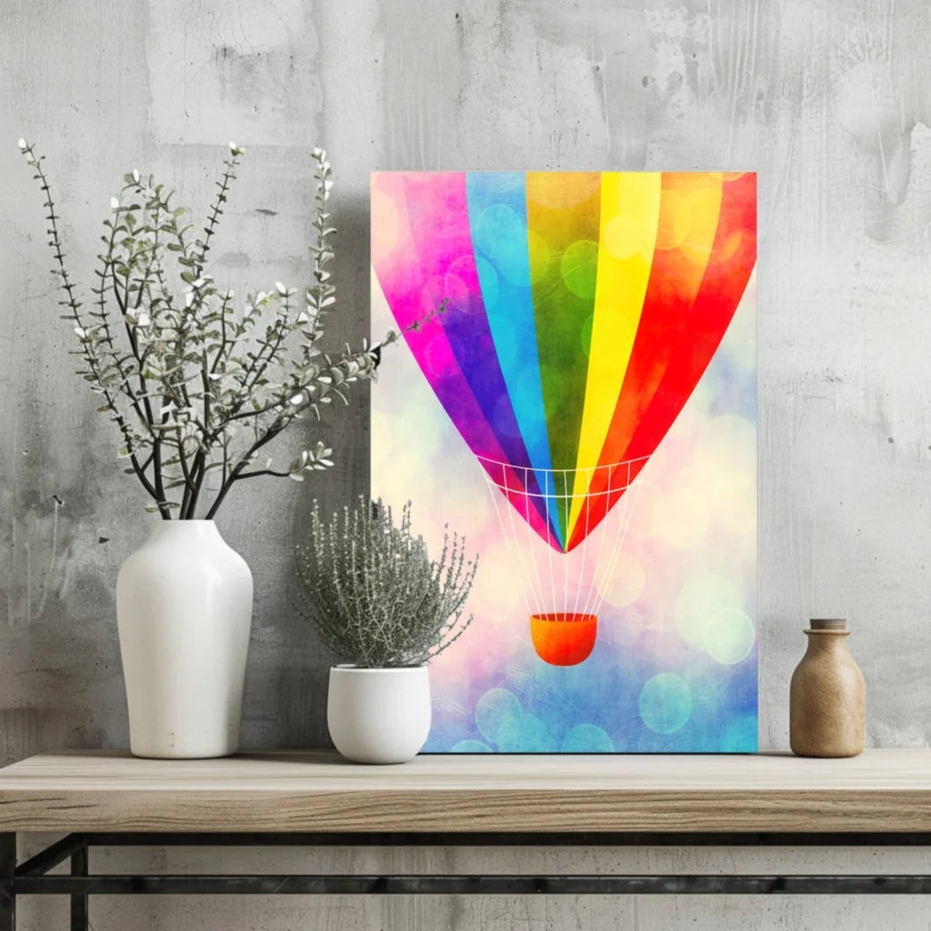 Vibrant rainbow hot air balloon on insigne aluminum print with watercolor bokeh