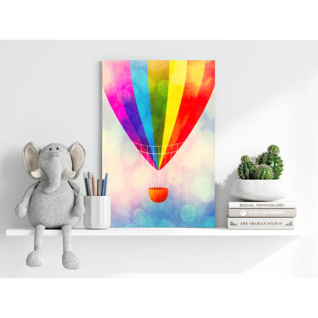Vibrant rainbow hot air balloon on insigne aluminum print with bokeh background