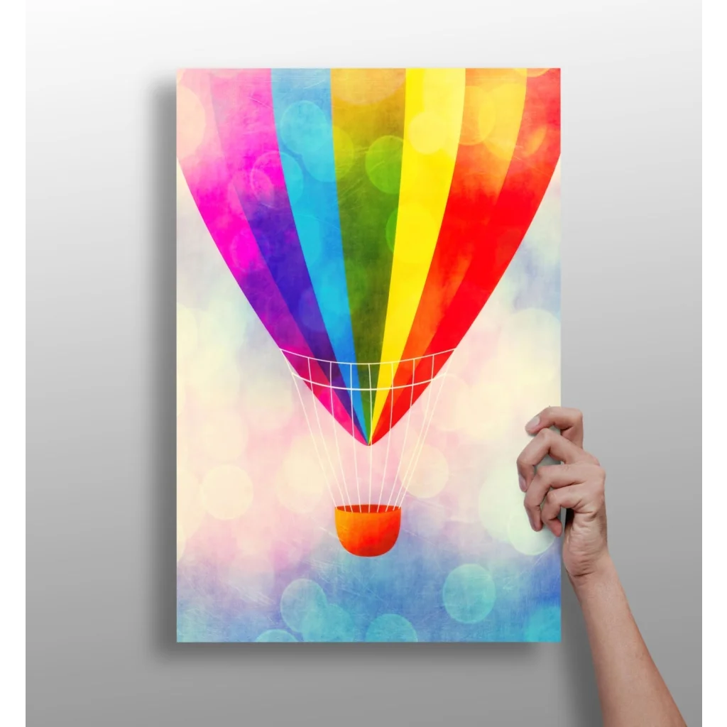 Vibrant rainbow hot air balloon on insigne aluminum print