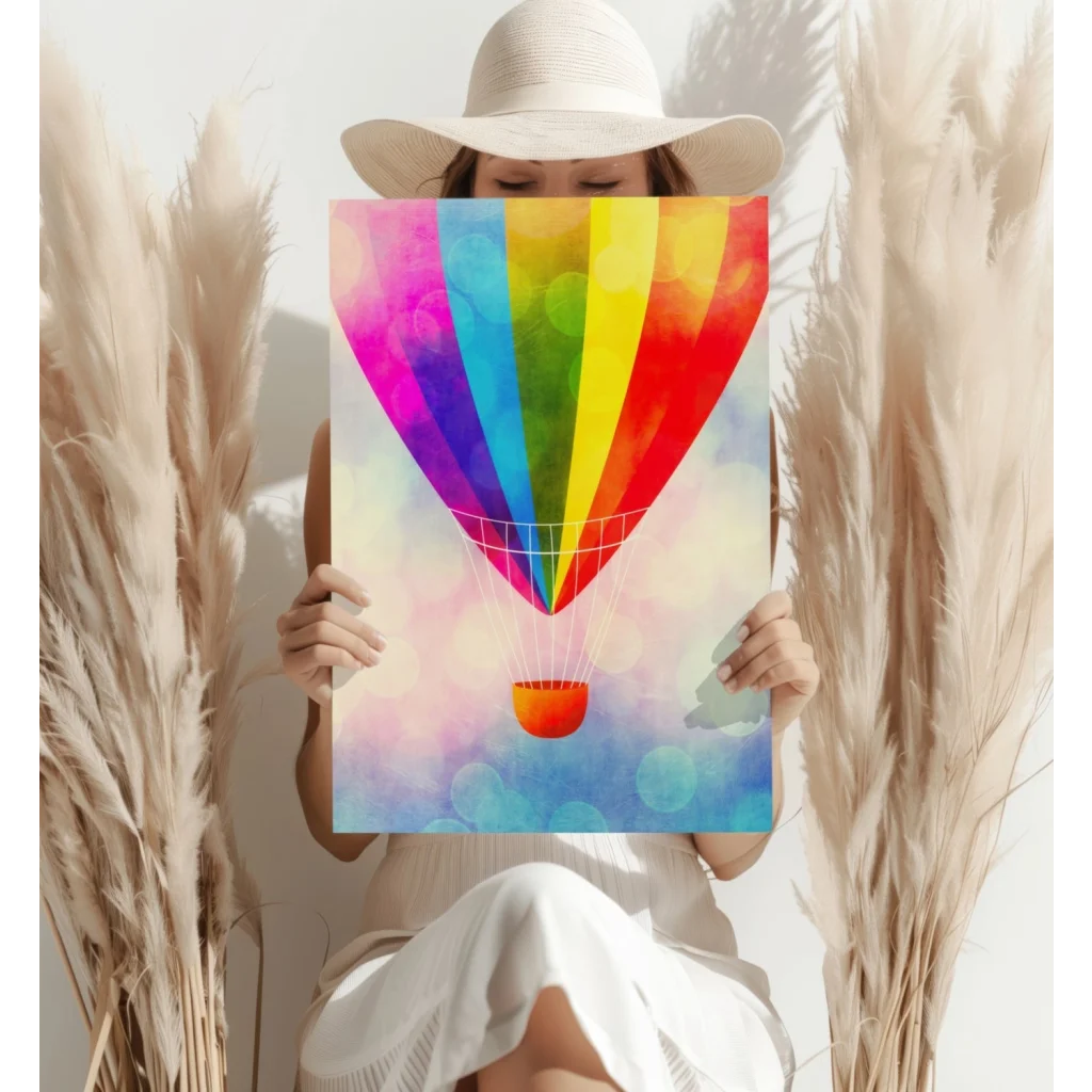 Vibrant rainbow hot air balloon on insigne aluminum print