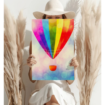Vibrant rainbow hot air balloon on insigne aluminum print