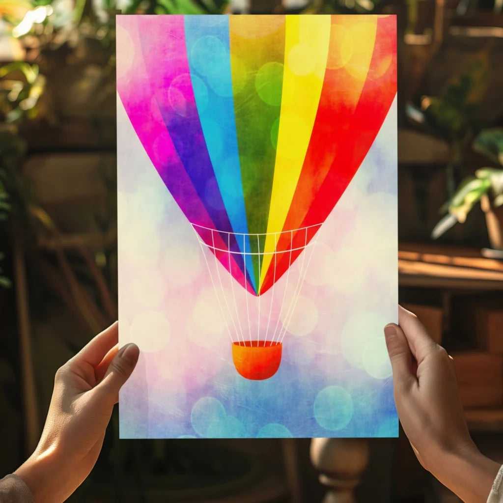 Vibrant rainbow hot air balloon on insigne aluminum print