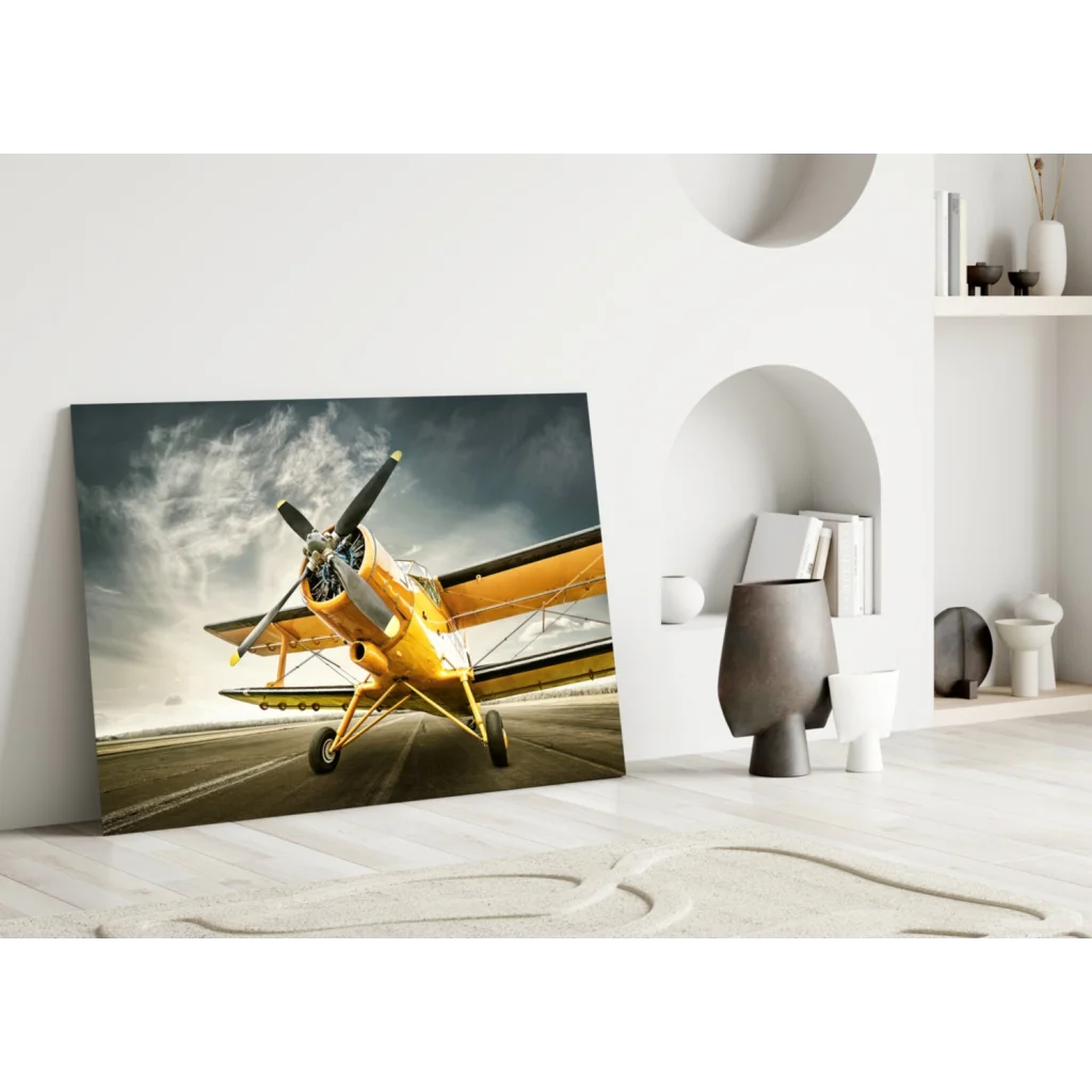 Vintage yellow biplane wall art on modern canvas ready to soar