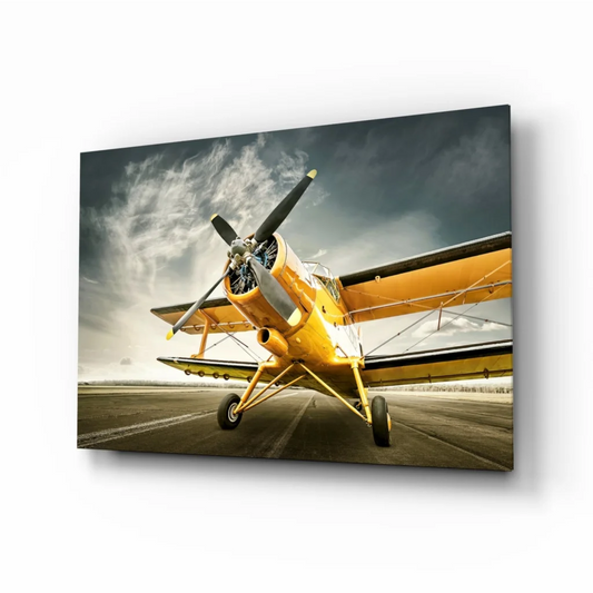 Vibrant yellow vintage biplane wall art canvas print ready to soar