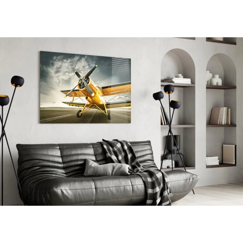 Vintage yellow biplane wall art canvas print on glass wall