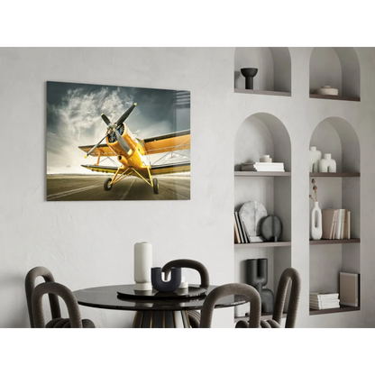Vintage yellow biplane on modern glass wall art panel