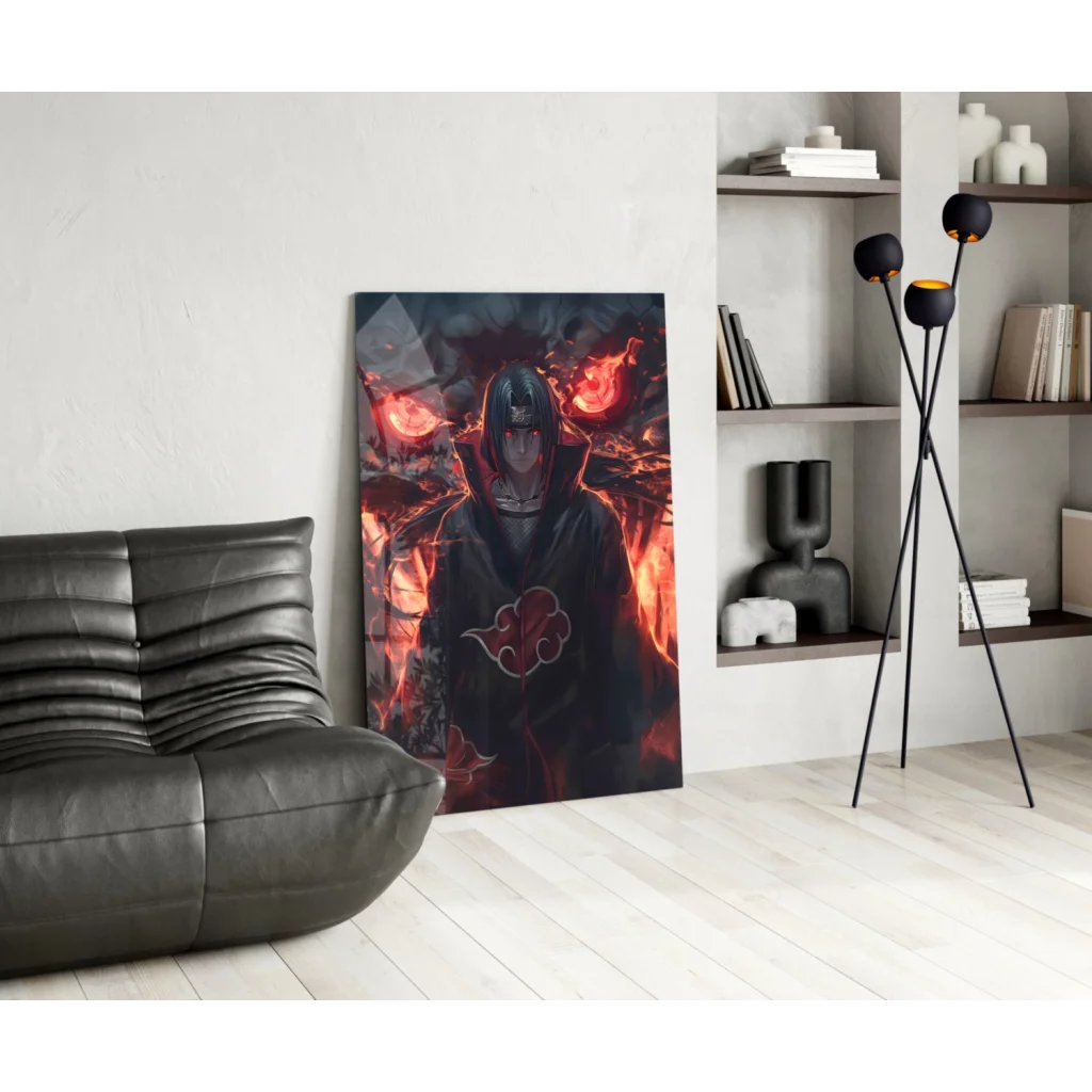 Akatsuki Flames wall art with red cloud design over black leather sofa