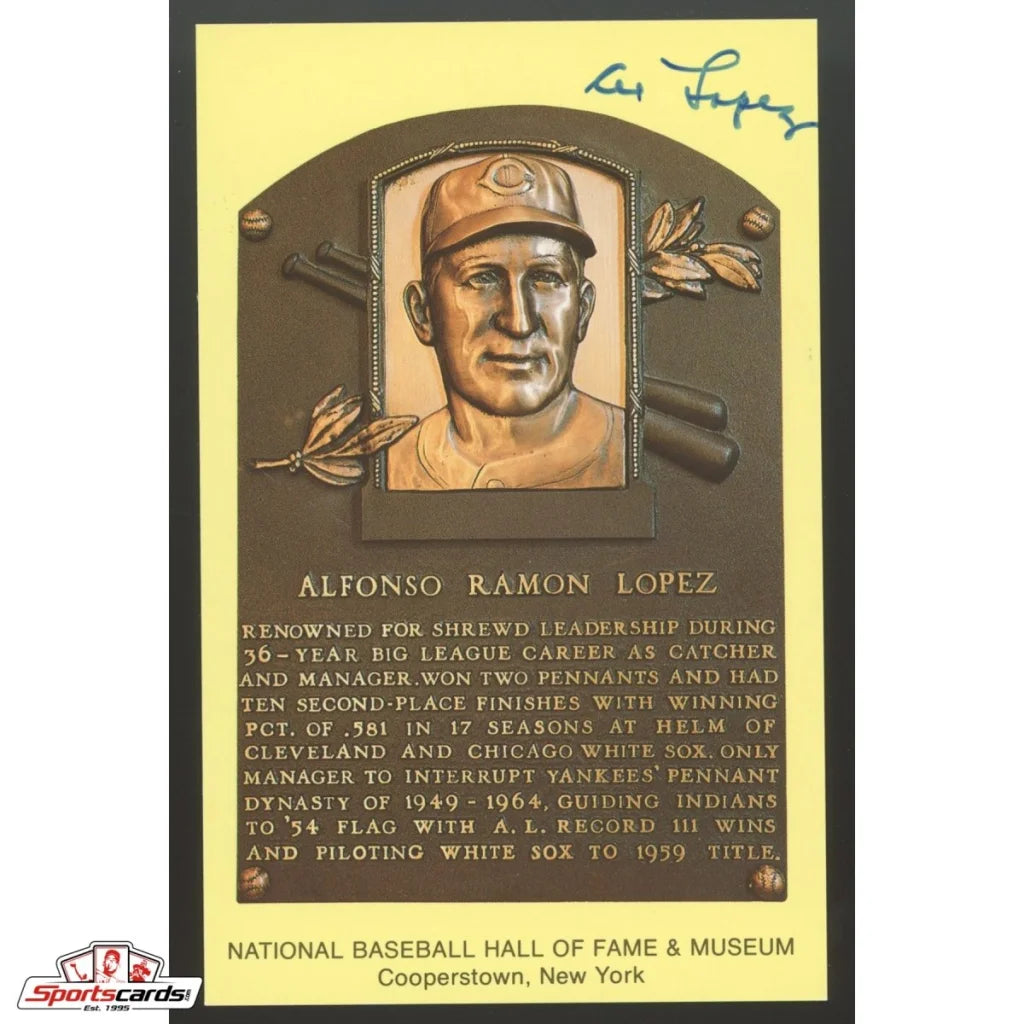 Al Lopez signed HOF postcard with bronze relief portrait