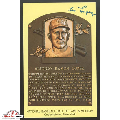 Al Lopez signed HOF postcard with bronze relief portrait