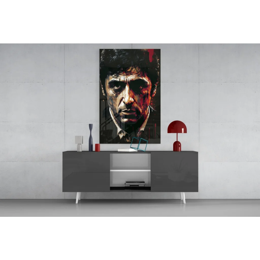 Intense black-and-white portrait on red and black glass wall art