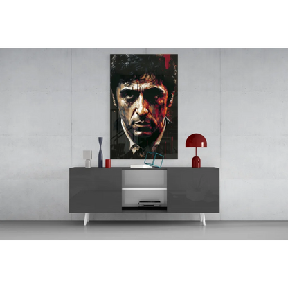 Intense black-and-white portrait on red and black glass wall art