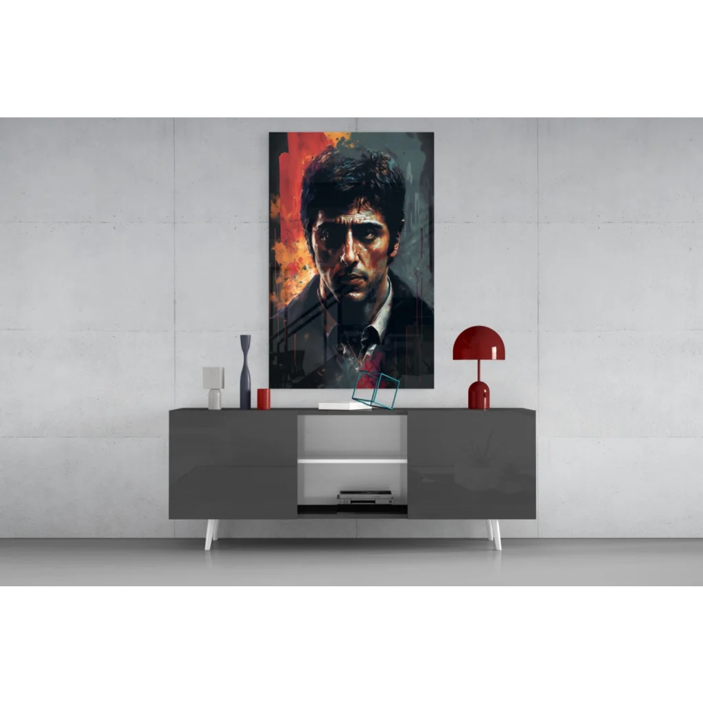 Dramatic dark-haired man in glass wall art with fiery orange and gray background