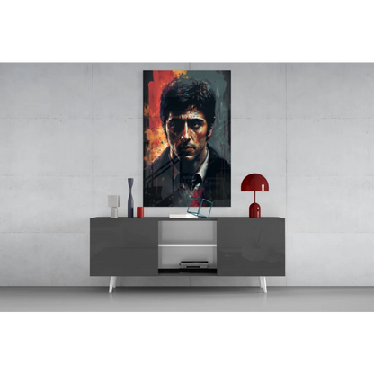 Dramatic dark-haired man in glass wall art with fiery orange and gray background