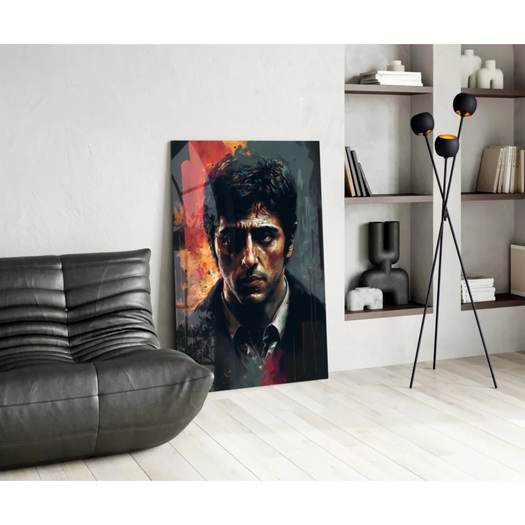 Dramatic glass wall art portrait of man in formal attire with fiery orange accents