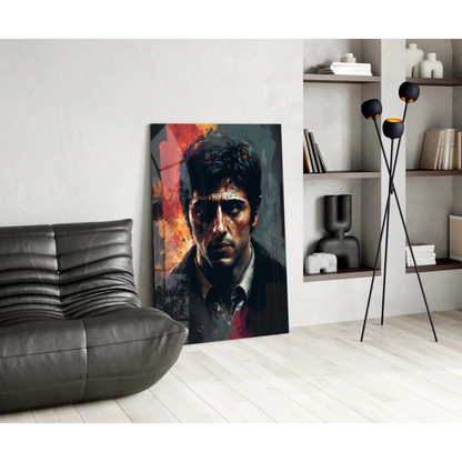 Dramatic glass wall art portrait of man in formal attire with fiery orange accents
